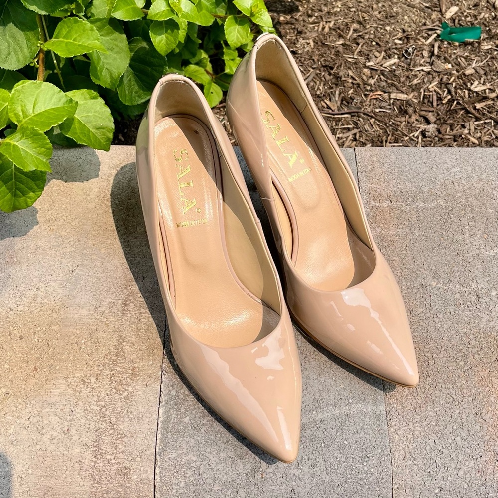 Sala Patent Leather Heels Made in Italy, Nude, 39/8.5